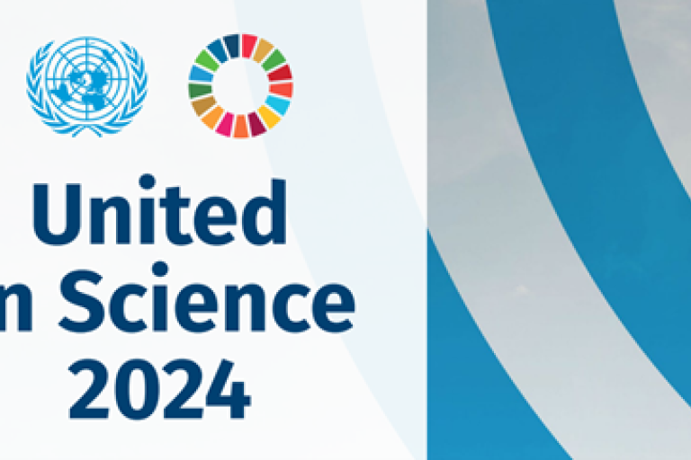 Banner with the UN emblem and a colorful circle next to the text "United in Science 2024" on the left, and abstract blue and white stripes on the right.