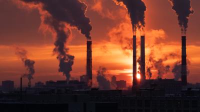 Smoke from heating station in big city during winter season at sunset.