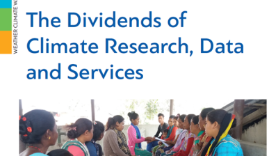 A group of people sits in a circle, engaged in discussion. The cover reads, "The Dividends of Climate Research, Data and Services," from the World Meteorological Organization Bulletin.