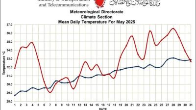 Line graph showing mean daily temperatures in Bahrain for May 2025 (red) compared to the historical average for May 1991–2020 (blue), with 2025 showing higher fluctuations.